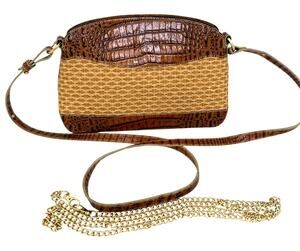 Brahmin Woven Rattan Croc Embossed Leather Small Crossbody Bag Pecan Brown